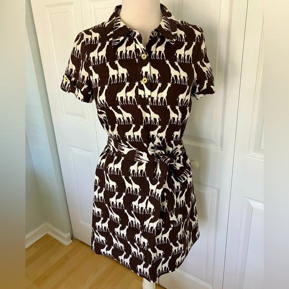 KATE SPADE "Giraffe Print" Linen Brown White  Dress Size Small - Picture 4 of 8